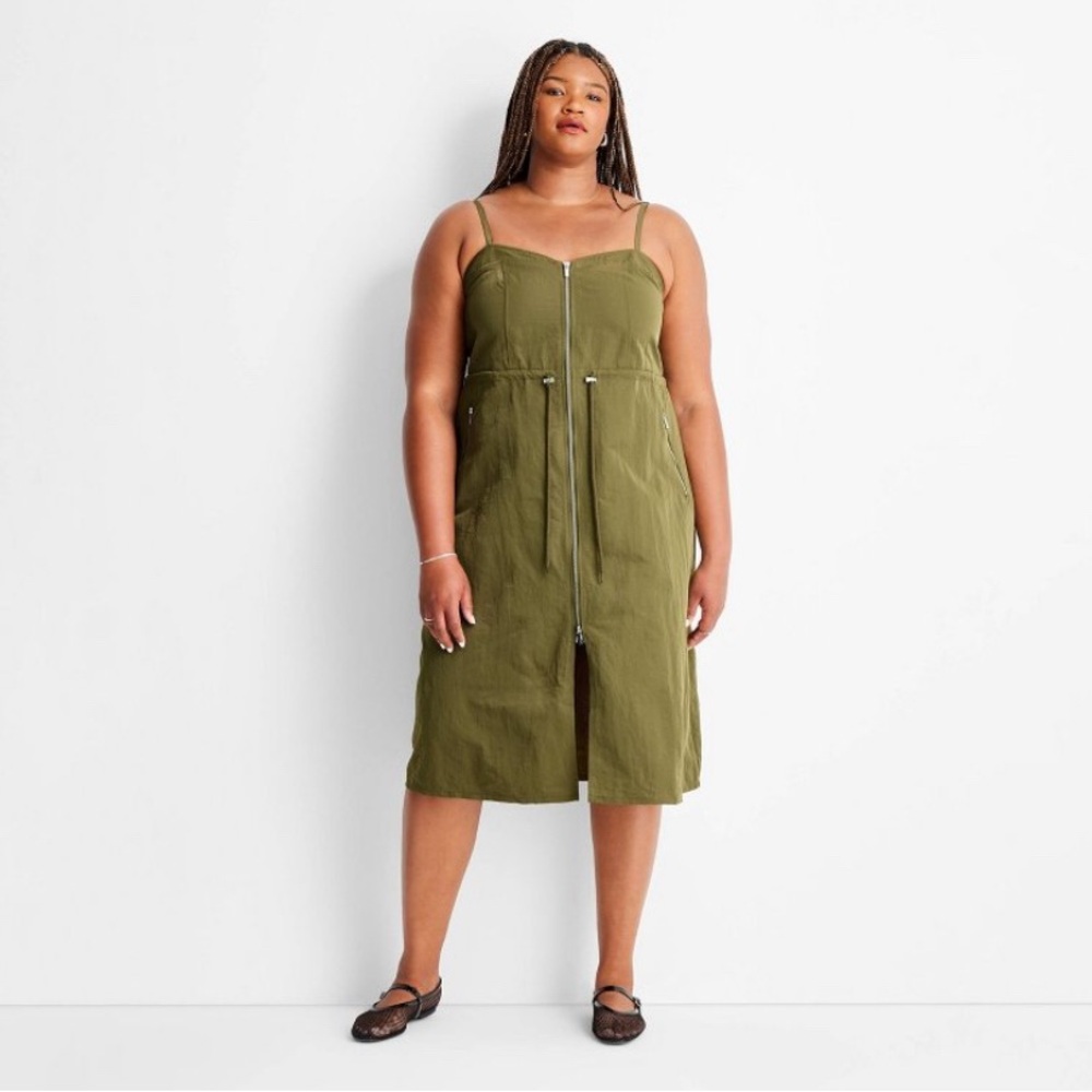 Elegant Olive Green Satin Dress - Picture 2 of 6